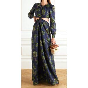 Agua Bendita Palm Tree Print Parana Tropico Maxi Dress Navy Linen Cutout XS